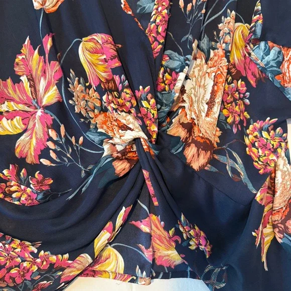 UMGEE Women Medium Navy Floral Twist Front Kimono Sleeve Top Oversized Bloomcore - Picture 5 of 8